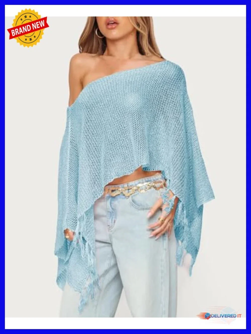 One Shoulder Sheer Knit Poncho Fringe Lightweight Summer Wrap Sweater